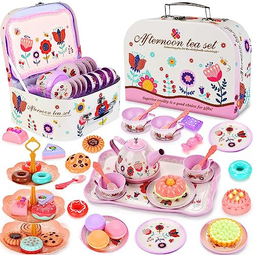 Lajeje Tea Party Set for Toddlers & Little Girls Ages 3-6 – Princess Pretend Play Kitchen Toy with Tin Tea Set, Desserts & Carrying Case | Amazon (US)