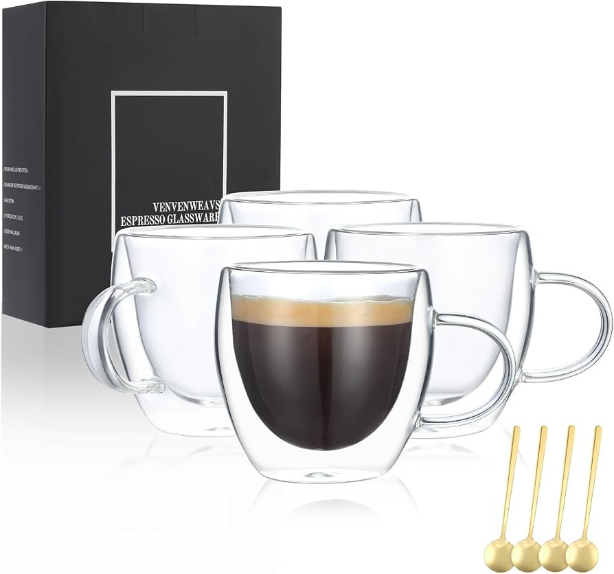 Espresso Cups Set Of 4,Double Wall 5OZ Hand Blown Espresso Shots Glass,Espresso Coffee Mugs In Gi... | Amazon (US)