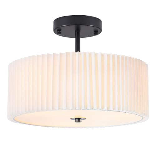 Bargeni Semi Flush Mount Ceiling Light,12.5 inch Ceiling Light Fixture,Black Flush Mount Light Fixture with Pleated Fabric Drum Shade,Light Fixtures Ceiling Mount for Bedroom,Living Room,Hallway | Amazon (US)