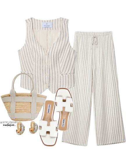 Stripe co ord set, linen waistcoat and trousers, Steve Madden sandals, Demellier straw tote bag & two tone earrings.
Spring summer outfit, holiday outfit, casual chic.

#LTKmidsize #LTKstyletip #LTKtravel