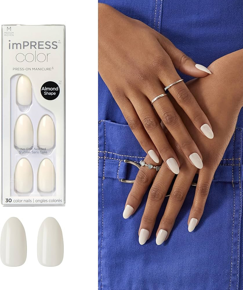 KISS imPRESS No Glue Mani Press On Nails, Color, 'Ballroom', White, Medium Size, Almond Shape, In... | Amazon (US)