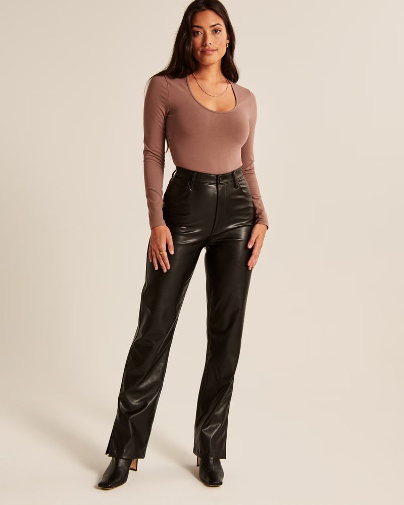 Women's Curve Love Split-Hem Vegan Leather 90s Straight Pants | Women's Bottoms | Abercrombie.com | Abercrombie & Fitch (US)