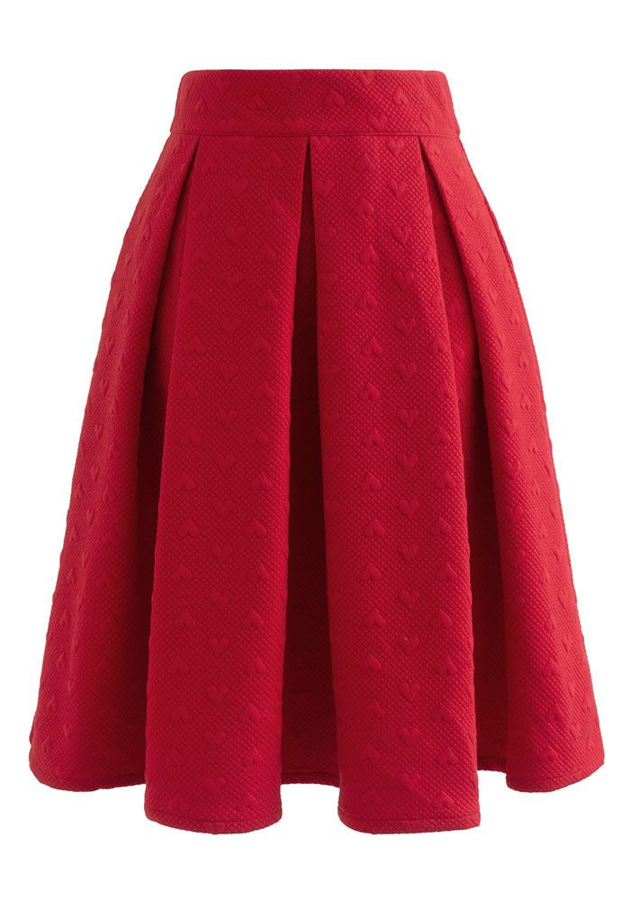 Red Airy Heart Embossed Pleated Skirt | Chicwish
