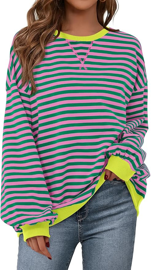 PRETTYGARDEN Womens Striped Oversized Sweatshirt Color Block Crew Neck Long Sleeve Casual Loose P... | Amazon (US)