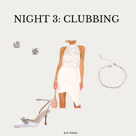 Bachelorette Weekend Clubbing Outfit: white Revolve assymetrical halter top dress, white embellished crystal bow heels, zara adjustable bracelet, Blake cz studs 

#LTKtravel #LTKparties #LTKwedding