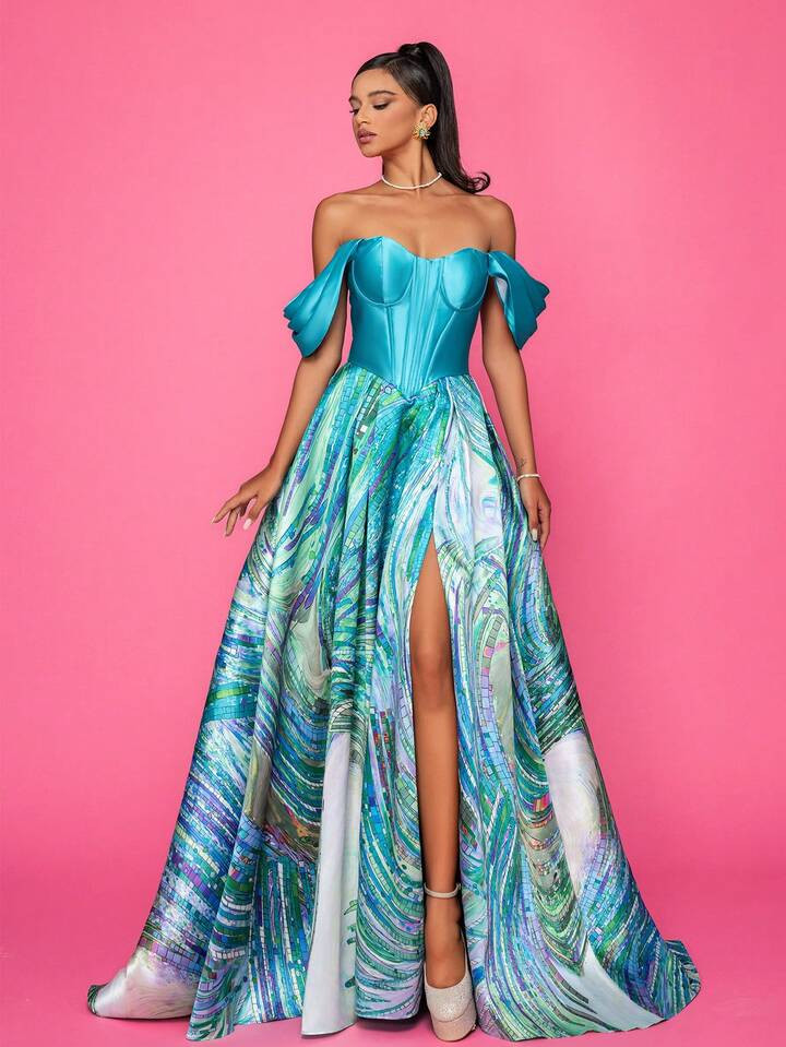 Ladies' Off Shoulder Geometric Print Long Elegant Evening Dress With Fabric | SHEIN