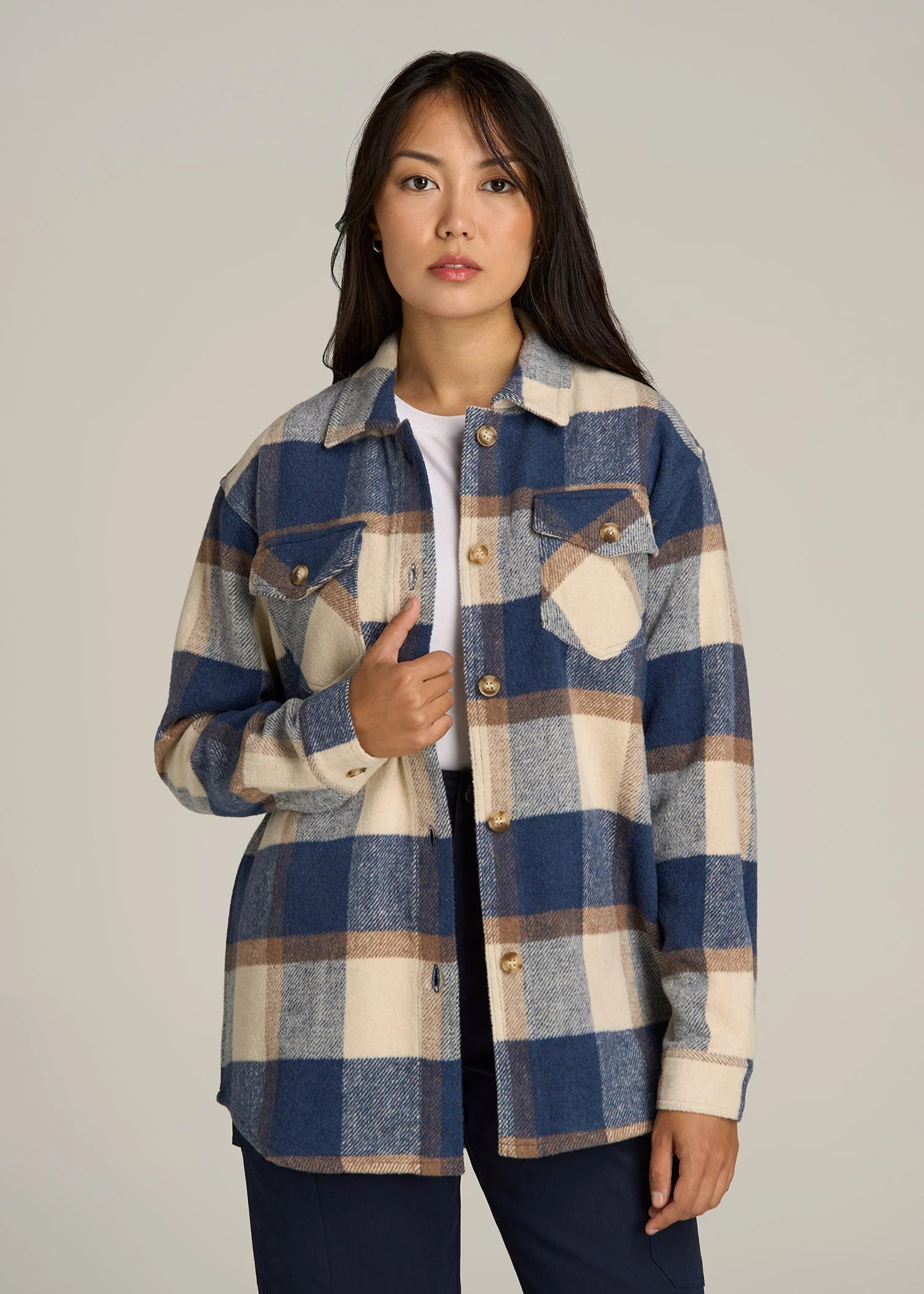 Flannel Shacket for Tall Women in Cream and Denim Blue Plaid | American Tall