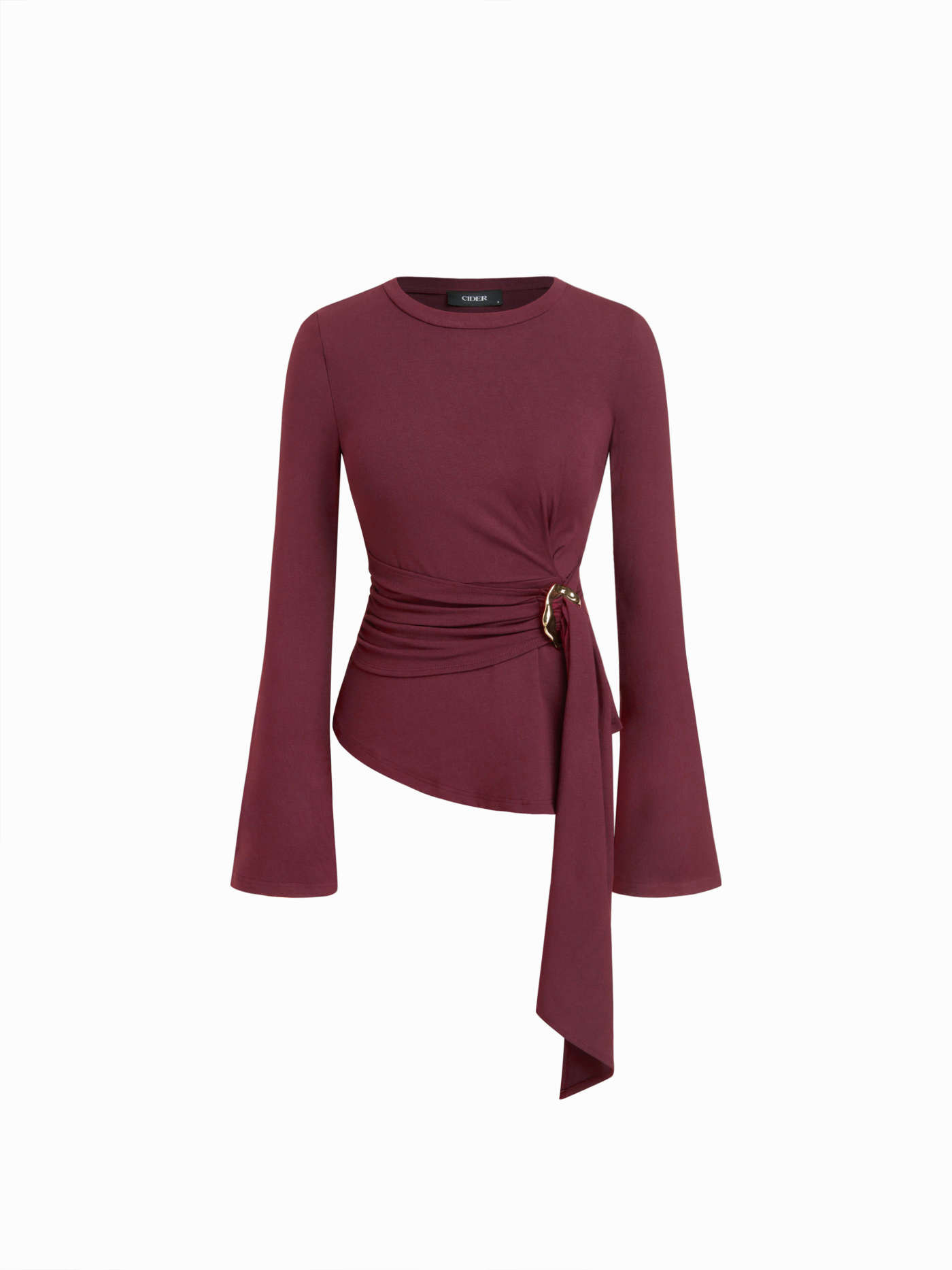 Knit Fabric Round Neckline Ruched Metal Detail Long Sleeve Tee For Daily Casual | Cider