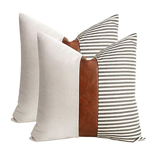 cygnus Set of 2 Farmhouse Decor Stripe Patchwork Linen Throw Pillow Covers,Modern Tan Faux Leather A | Amazon (US)