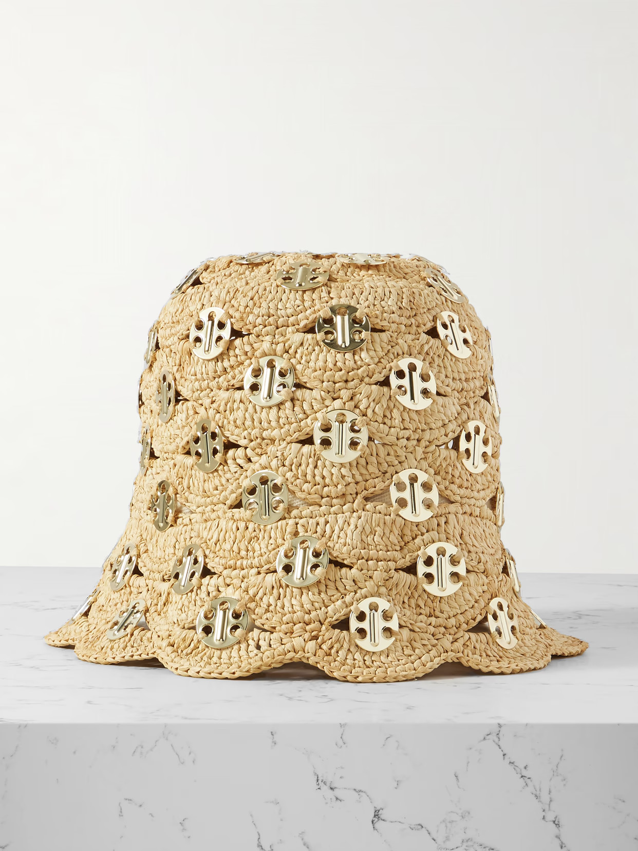RABANNE - Embellished Scalloped Crocheted Raffia Bucket Hat - Gold | NET-A-PORTER (US)