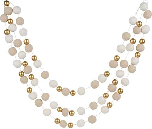 Orchid & Ivy 8 Foot Ivory and Cream Wool Felt Ball Pom Pom Garland with Gold Wood Beads - Vintage... | Amazon (US)