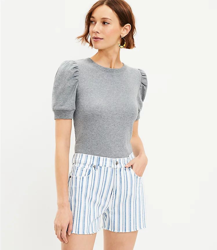 Petite Fresh Cut Denim Cut Off Shorts in Blue White Stripe | LOFT