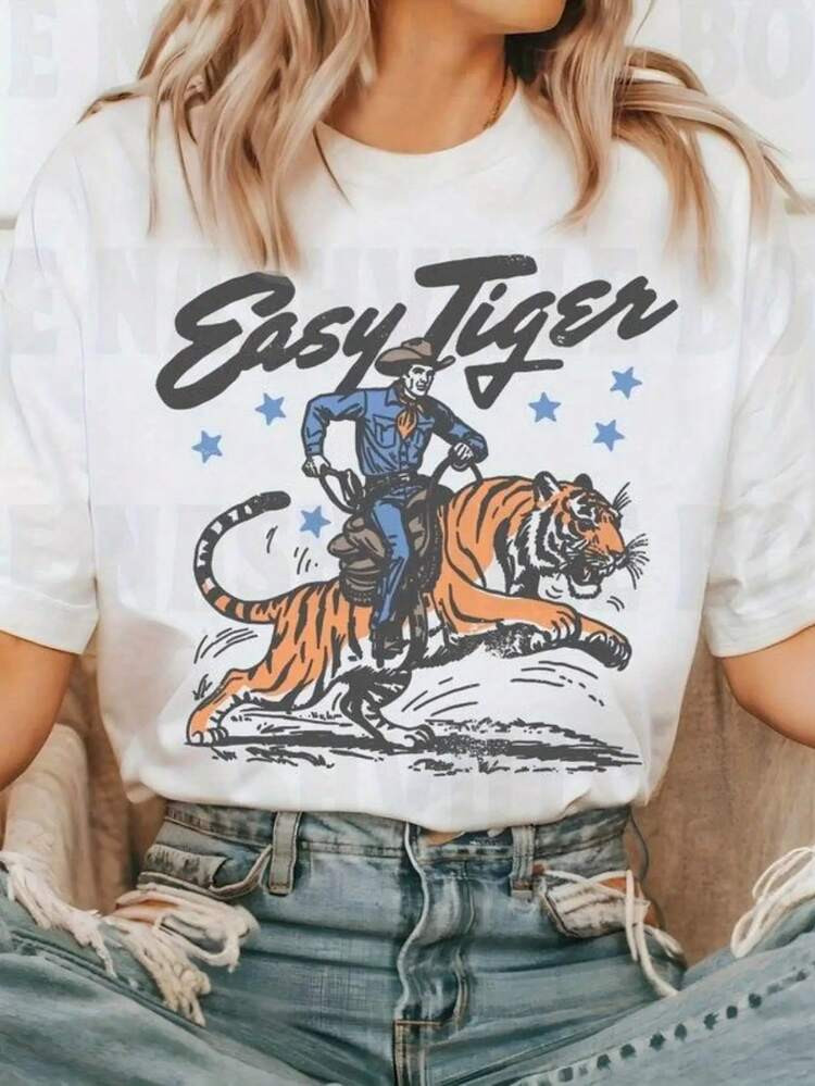 Women's T-Shirt, Easy Tiger Denim Style T-Shirt, Unisex Fit, Comfortable Fabric, Beautiful Colors... | SHEIN