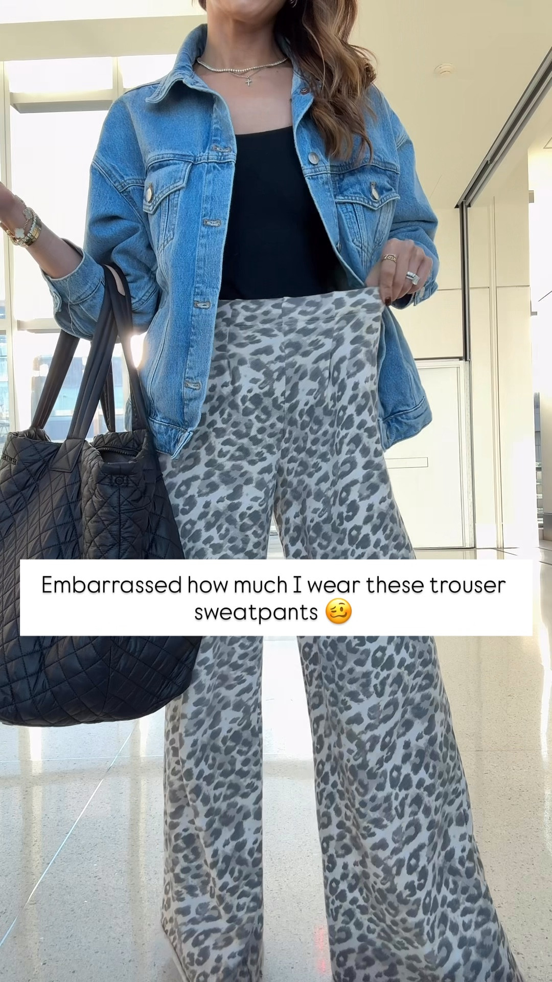 Things I would buy tomorrow if I lost them today! These are some of my tried and true favorites! Leopard sweatpants in XXS regular. Travel outfit. Denim jacket in XXS. MZ Wallace tote large. What I wore to the airport. 

#LTKTravel #LTKPetite #LTKootd