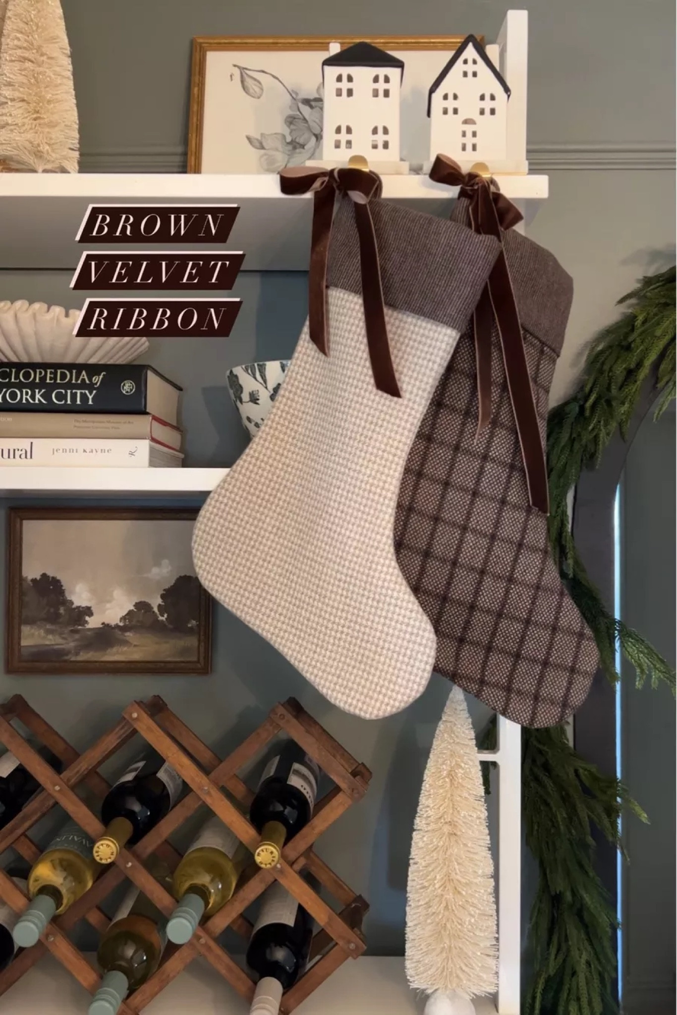 Brown velvet ribbon, stockings, wine rack, floating shelf decor

#LTKHoliday #LTKSeasonal #LTKhome
