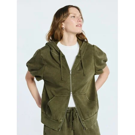 Scoop Women’s Mineral Washed Zip Hoodie with Short Puff Sleeves, Sizes XS-XXL | Walmart (US)