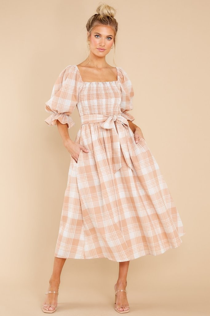 Daydreaming About Me Peach Plaid Midi Dress | Red Dress 