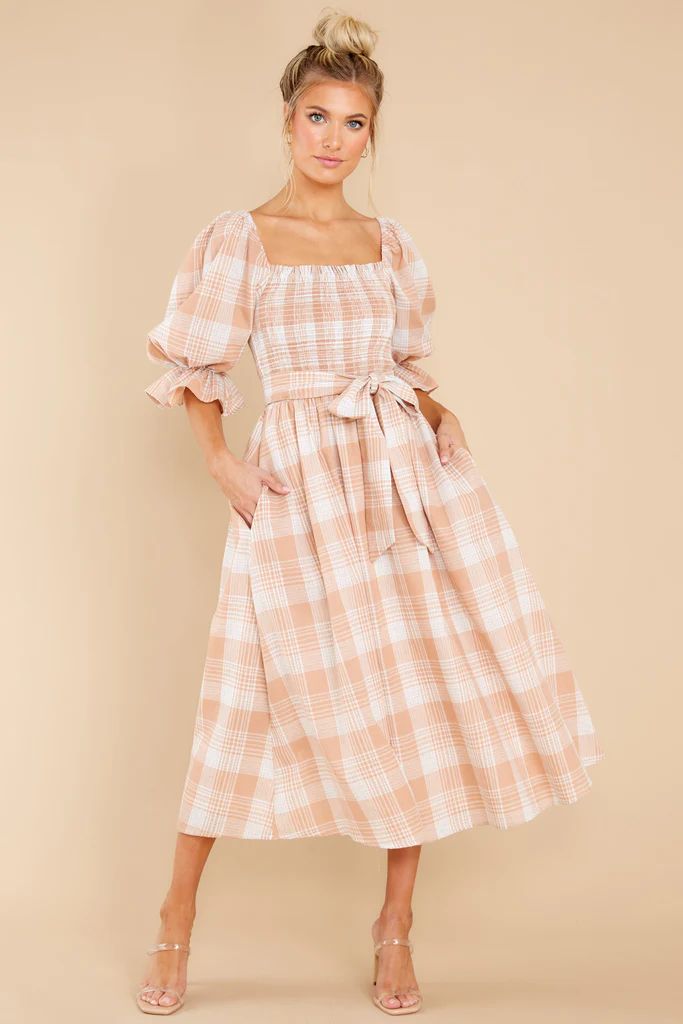 Daydreaming About Me Peach Plaid Midi Dress | Red Dress 