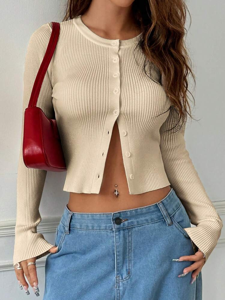 EZwear-Women-s-Solid-Color-Round-Neck-Button-Up-Long-Sleeve-Casual-Knit-Cardigan,-Autumn- | SHEIN