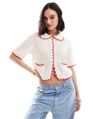 ASOS DESIGN mesh stitch cardigan with tipping detail in cream | ASOS (Global)