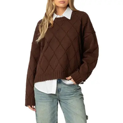 EDIKTED Cass Textured Argyle Oversize Sweater in Brown at Nordstrom, Size X-Large | Nordstrom