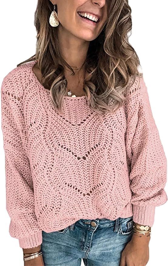 Dokotoo Womens 2022 Cute Elegant Soft Crewneck Long Sleeve Hollow Cable Knit Pullover Sweaters | Amazon (US)