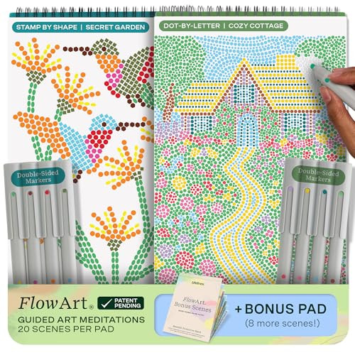 Lifelines FlowArt Activity Pads, 2-Pack & Bonus Pad - Guided Dot Art Meditations - 8 Double-Sided Markers & 48 Scenes - Dot-by-Letter & Stamp-by-Shape Coloring Books for Tweens, Adults & Seniors | Amazon (US)