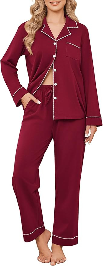 Ekouaer Womens Pajamas Set Cotton PJs Long Sleeve Sleepwear Button Down Tops and Pants 2 Piece Lo... | Amazon (US)