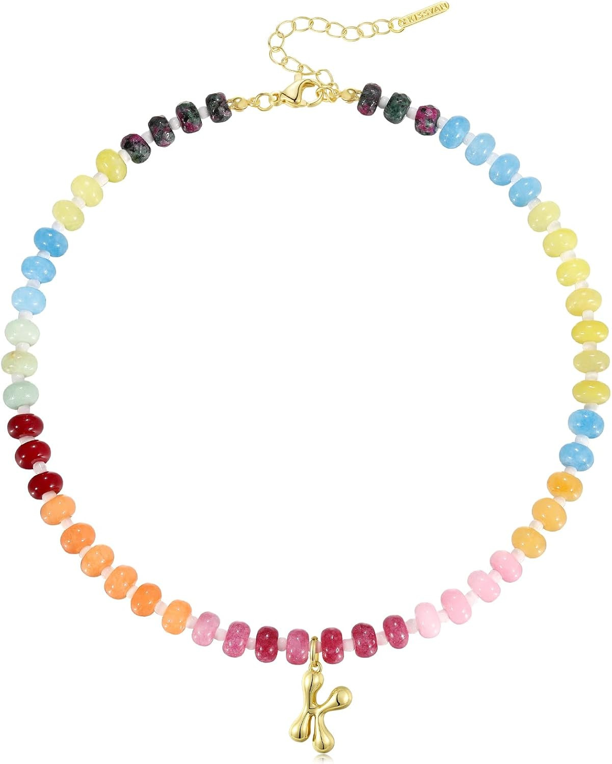 KissYan Initial Necklaces for Women, Colorful Beaded Gemstone Choker 14K Gold Bubble Letter Pendant Necklace Natural Stone Summer Beach Handmade Jewelry Gift | Amazon (US)