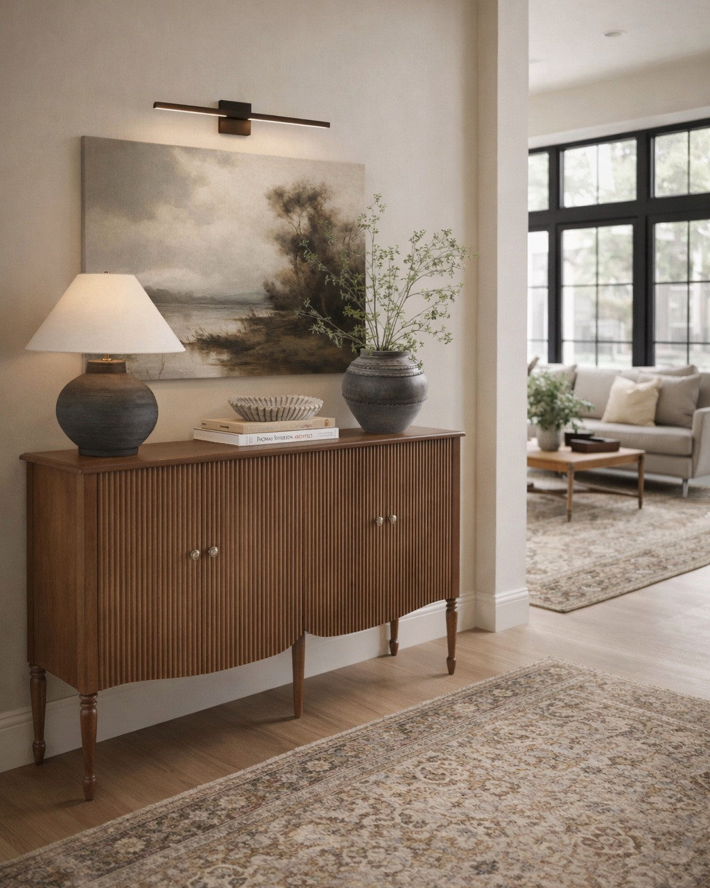 Warm Neutral Console Table Styling with Vintage-Inspired Art

Follow @farmtotablecreations on Instagram for daily home styling inspiration 🤍

This warm, layered console setup is all about texture and balance. The fluted wood cabinet brings richness and character, while the soft landscape artwork keeps the look calm and timeless. I grounded the styling with a classic table lamp, stacked books for height, and a rustic bowl for a collected, lived-in feel. Finished it off with a neutral patterned rug to anchor the space and add subtle contrast—perfect for an entryway, dining room, or living room wall.

#console #consoletable #entrywaydecor #neutraldecor #livingroomdecor #homestyling #modernorganic #warmneutrals #woodfurniture #tablelamp #wallart #vintagerug #rugs #homeinspo #modernvintage

#LTKSaleAlert #LTKFindsUnder50 #LTKHome