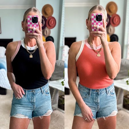 Super soft ribbed tank and rigid cotton denim shorts from Amazon 
Tank fits tts and wearing a small 
Shorts run small and size up one

#LTKSaleAlert #LTKFindsUnder50 #LTKStyleTip