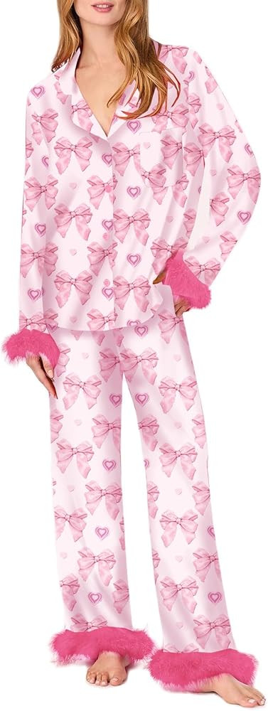 KMBANGI Women Y2k Pajamas Set Heart Print Silk Satin Pjs Feather Trim Long Sleeve Shirt Pants Lou... | Amazon (US)