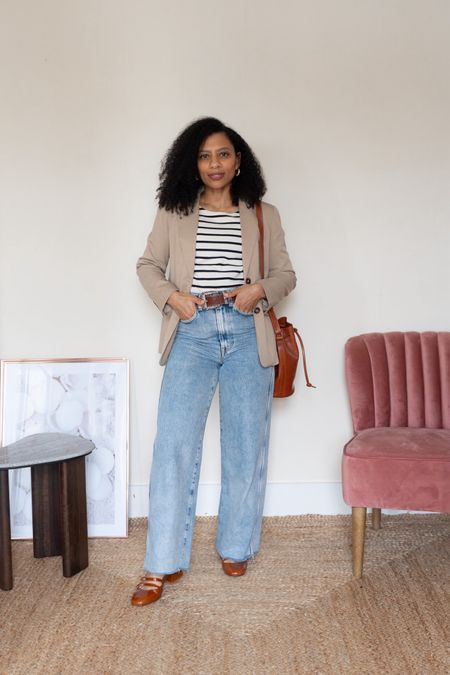 Simple Spring Outfit: striped top, wide jeans and blazer 

#LTKSeasonal #LTKover40 #LTKstyletip