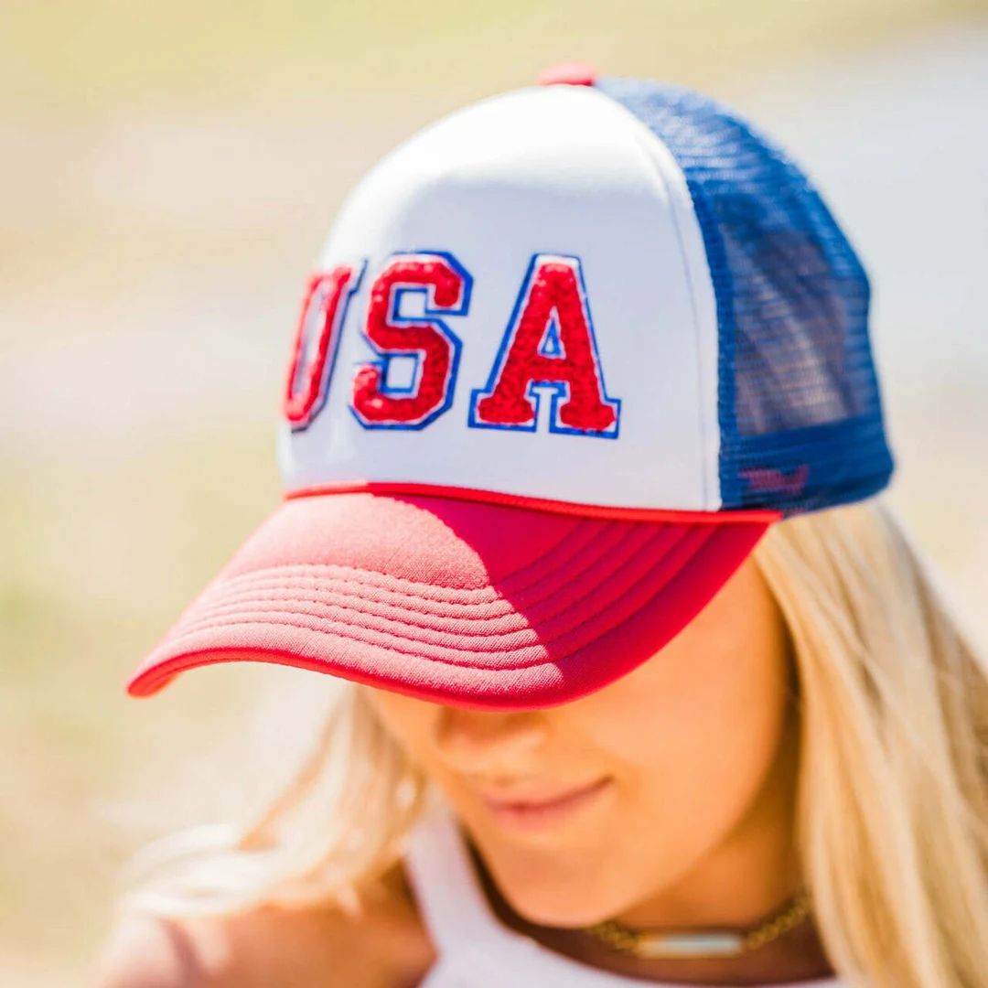 USA Patriotic Trucker Hat, Mesh Baseball Hat, Blue Glitter Red Chenille Patch USA Baseball Cap, J... | Etsy (US)