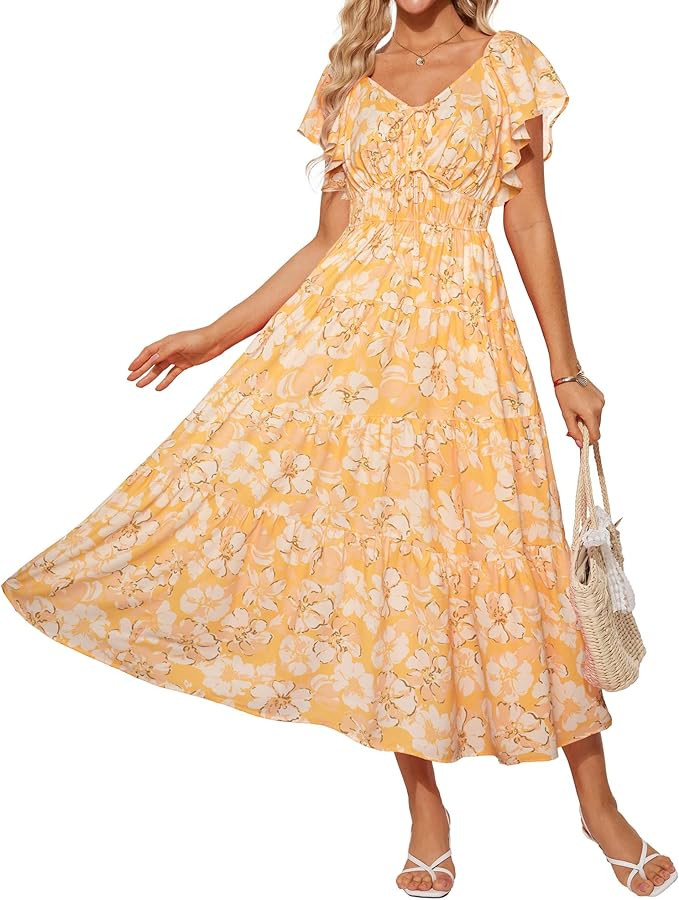 GRACE KARIN Womens Elegant Floral Summer V-Neck Ruffle Sleeve Empire Waist A-Line Casual Maxi Tie... | Amazon (US)