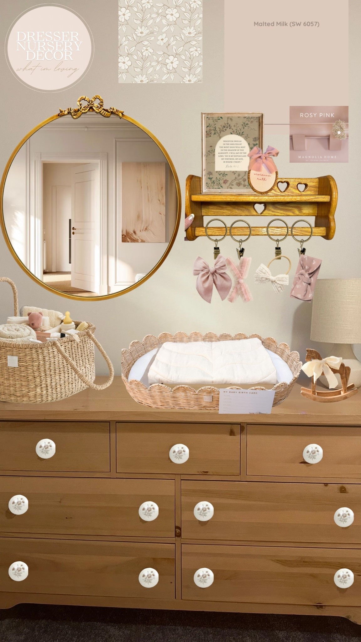 Nursery dresser decor inspiration 🎀💓

using a mirror from my grandma, I’ll be changing out the knobs! This is my old dresser from growing up 🩰✨ and will be painting a thrifted shelving a darker pink color! 

#LTKKids #LTKBaby #LTKHome