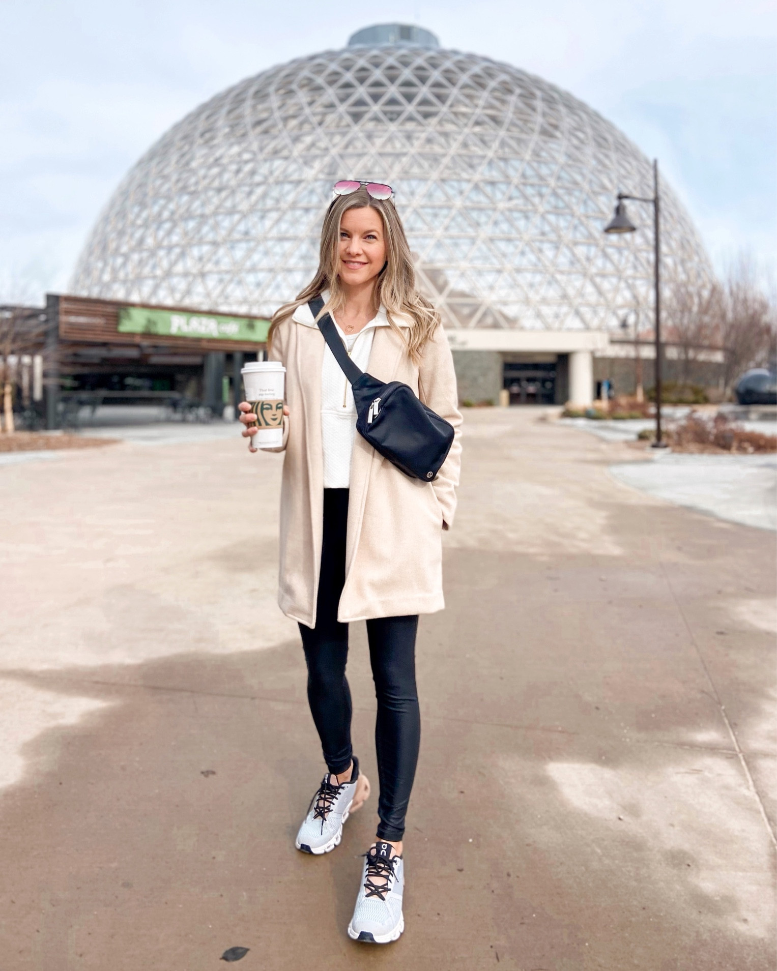 J. Crew White Half-Zip Pullover
Lululemon Black Belt Bag Large
Banana Republic Coatigan
Faux Leather Leggings
On Cloud Sneakers
Quay High Key Aviator Sunglasses

#LTKstyletip #LTKunder50 #LTKunder100