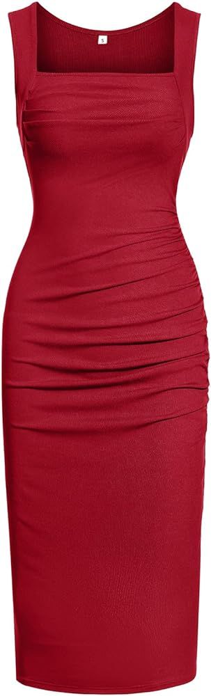 OWIN Women's Summer Sexy Square Neck Ruched Bodycon Tank Midi Dress Sleeveless Ribbed Knit Cockta... | Amazon (US)