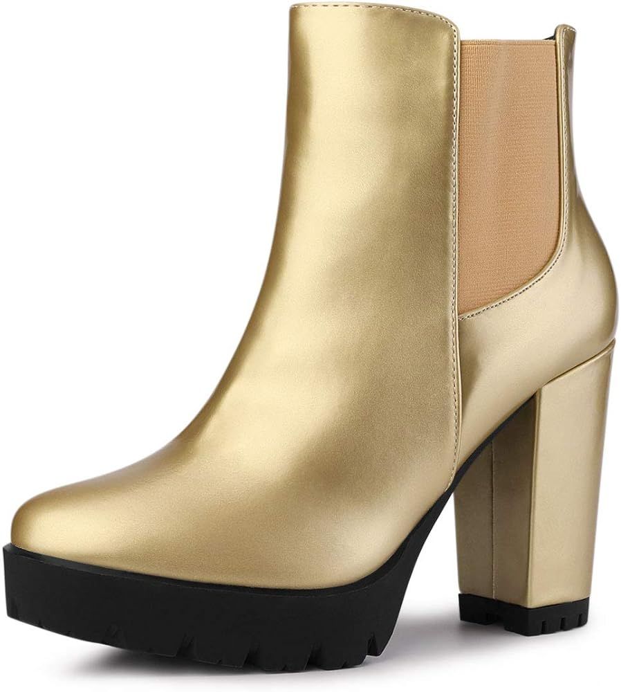 Allegra K Women's Round Toe Zipper Block Heel Platform Ankle Boots | Amazon (US)
