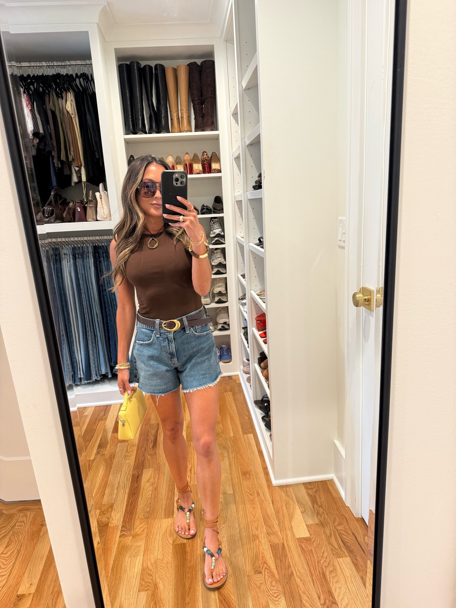 Girls I love these mid rise jean shorts!! Soo good and the Aline style is very flattering. And the price?!? Come on… 👏🏼 These tanks are also some of my faves on Amazon that remind me of Aritzia! 

Jean short: 23 in medium wash @abercrombie 
Tank: XS in brown @amazon
Sandals: 5 @kennethcole
Belt: XS in raw umber brown/gold @Aritzia 
Jewelry: @baublebar @CIDER  @mejuri

#LTKootd #LTKOver40 #LTKPetite