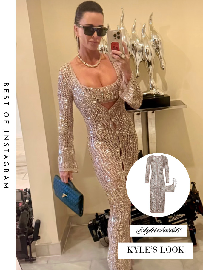 Kyle Richards' Gold Sequin Crochet Maxi Cardigan and Bralette 📸= @kylerichards18