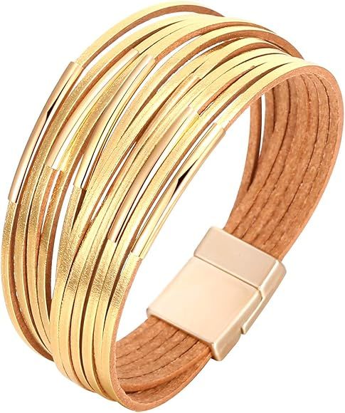 Women Multi-Layer Leather Wrap Bracelet Handmade Wristband Braided Rope Cuff Bangle with Magnetic... | Amazon (US)