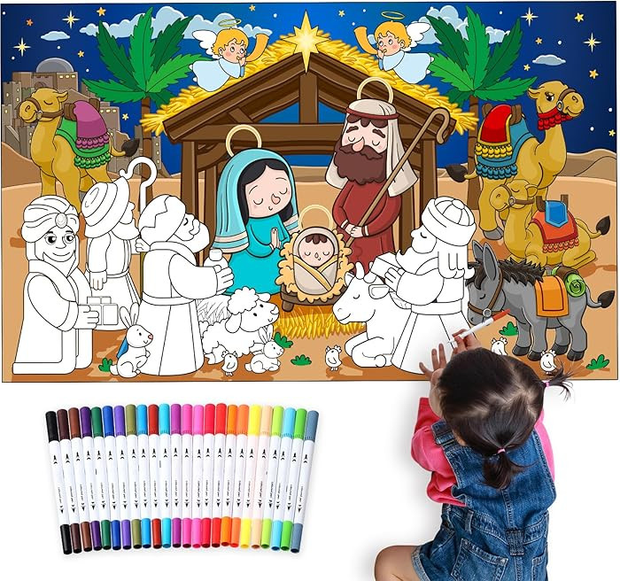 Faccito Christmas Nativity Giant Coloring Poster With 24 Watercolor Markers - Christian Religious... | Amazon (US)