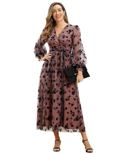 Long Sleeve Floral Embroidered Dress for Women Long Flower Embroidery Dress Fall Puff Sleeve Tulle Prom Dress Winter Embroidery Mesh Floral Print Dress Casual Long Evening Dress with Belt Dark Pink S | Amazon (US)