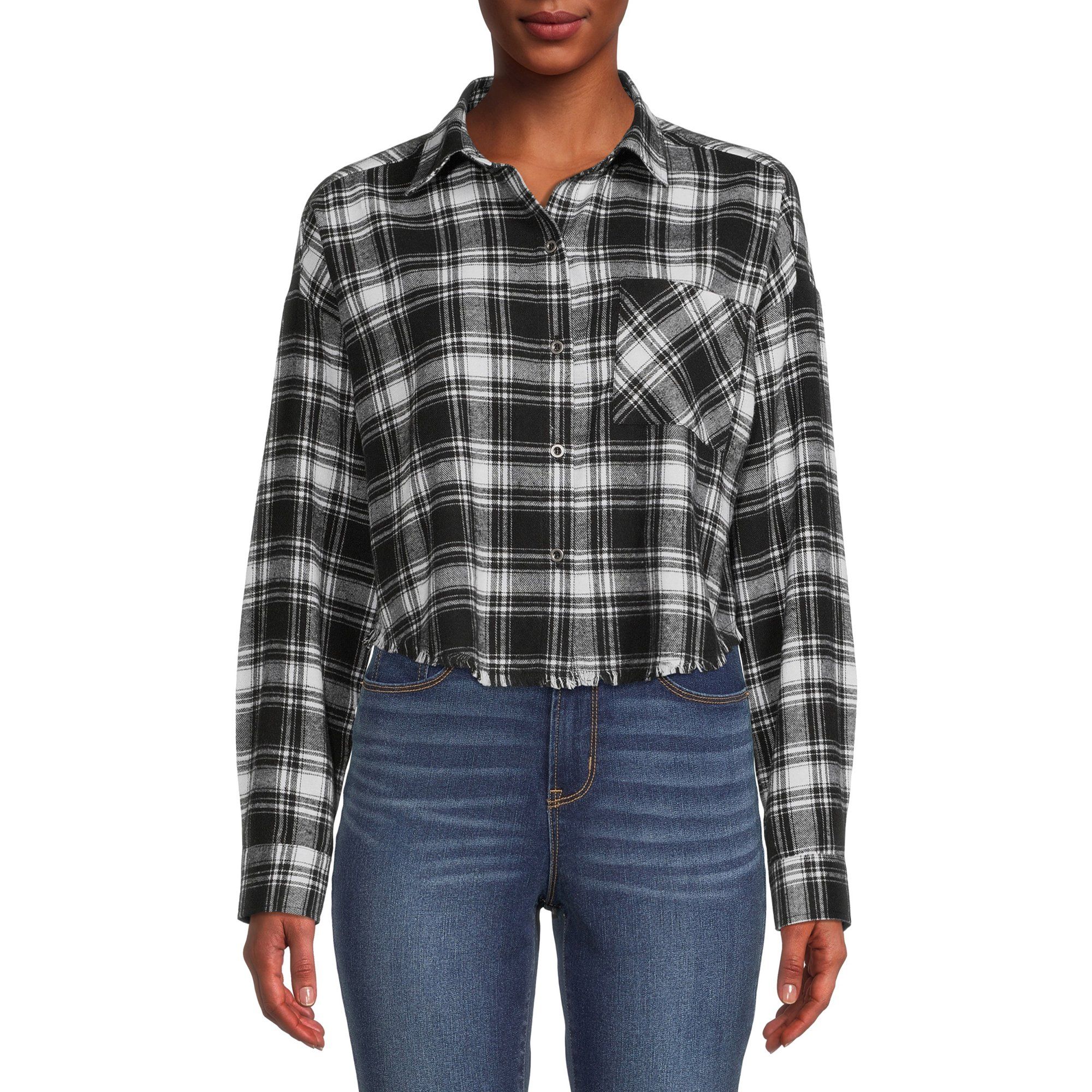 Liv & Lottie Women's Juniors' Cropped Flannel Plaid Shirt | Walmart (US)