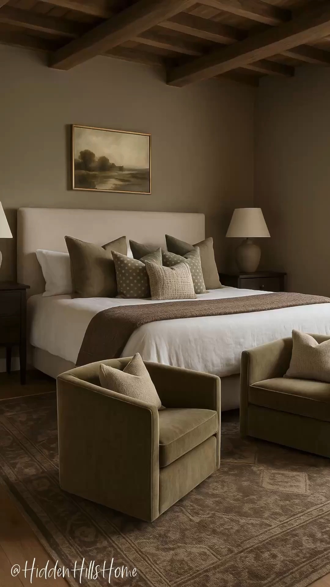 Bedroom inspiration, home decor, bedding, nightstands, bedroom rug, Moody bedroom design inspo, master bedroom mood board, modern classic bedroom mood board #bedroom