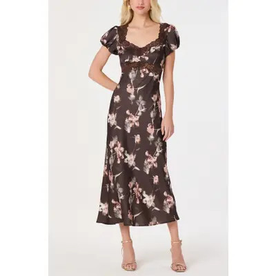ASTR the Label Almandina Floral Print Lace Trim Maxi Dress in Brown Floral at Nordstrom, Size X-Small | Nordstrom