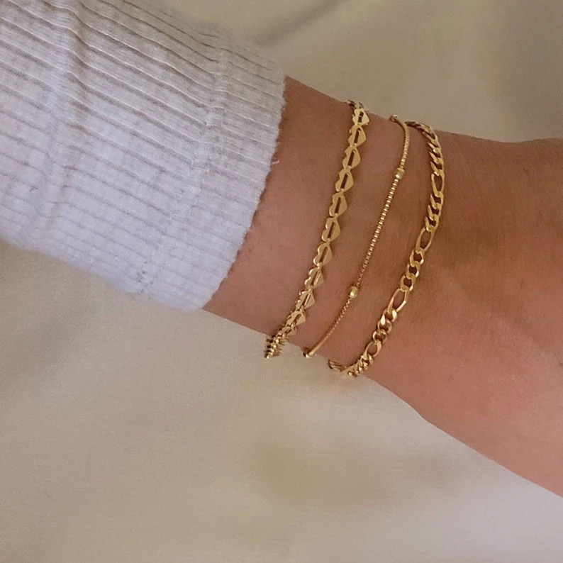 3 Piece Minimalist Gold Bracelet Set/gold Bracelet Set/figaro - Etsy | Etsy (US)