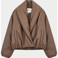 Oversized Collar Faux Leather Puffer Coat - Brown | The Couture Club