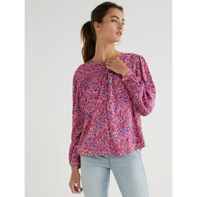 Time and Tru Women’s Smocked Top with Long Sleeves, Sizes XS-XXXL - Walmart.com | Walmart (US)